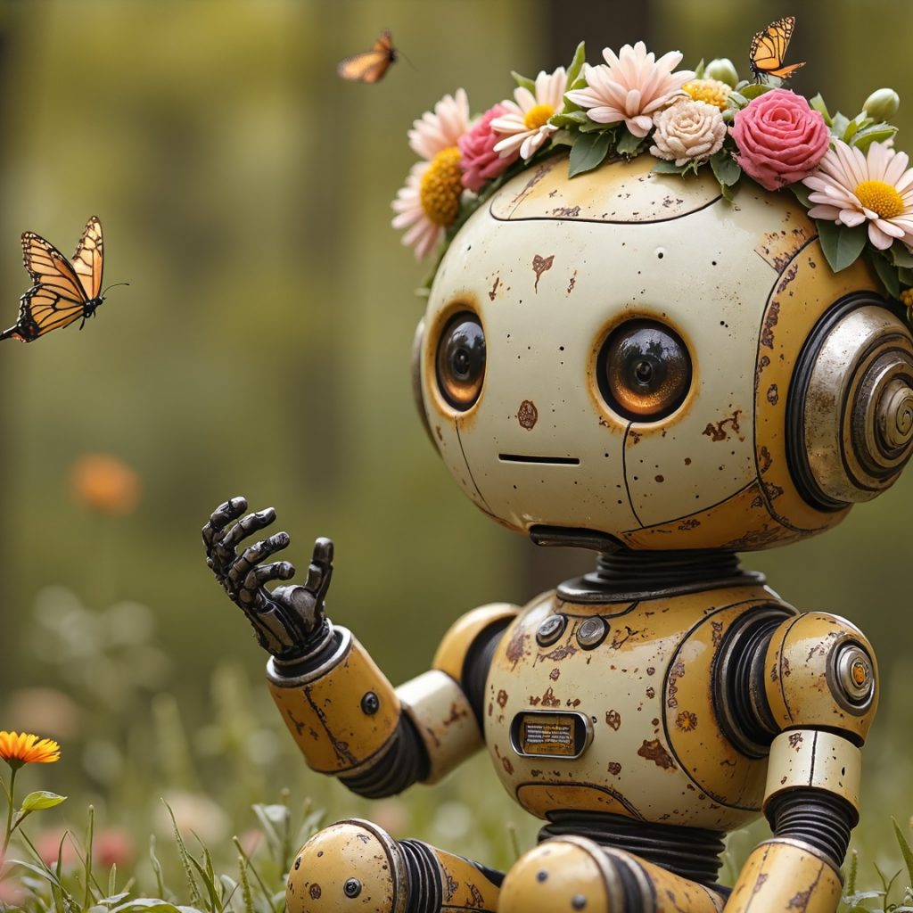 cute_robot_flower_crown_butterfly_nature_happy-wallpaper-2048x1152