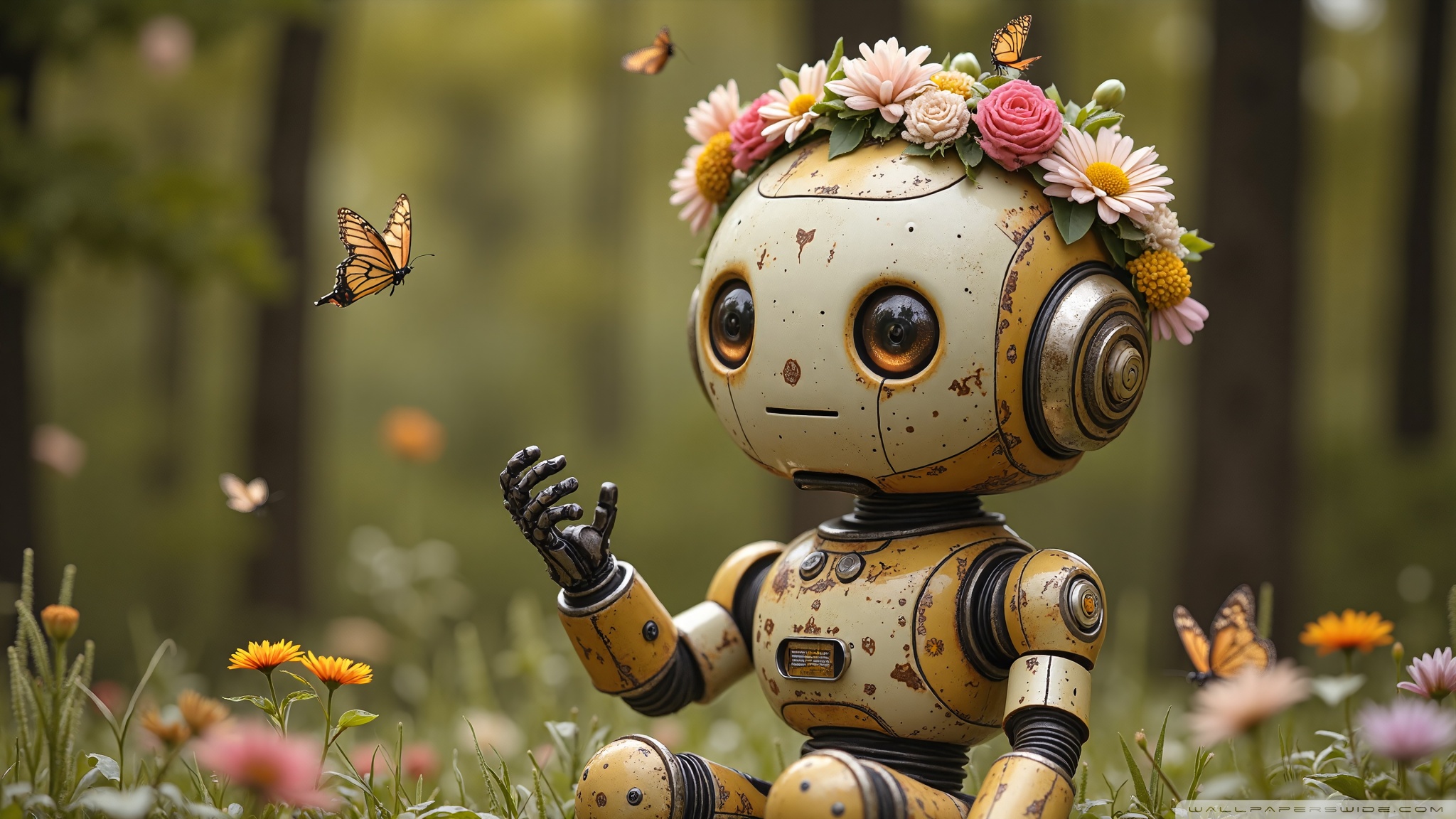 cute_robot_flower_crown_butterfly_nature_happy-wallpaper-2048x1152